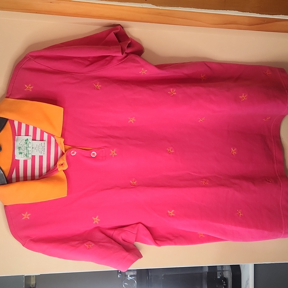 Quacker Factory Embroidered Starfish Print Polo Shirt Womens 1X Pink Orange